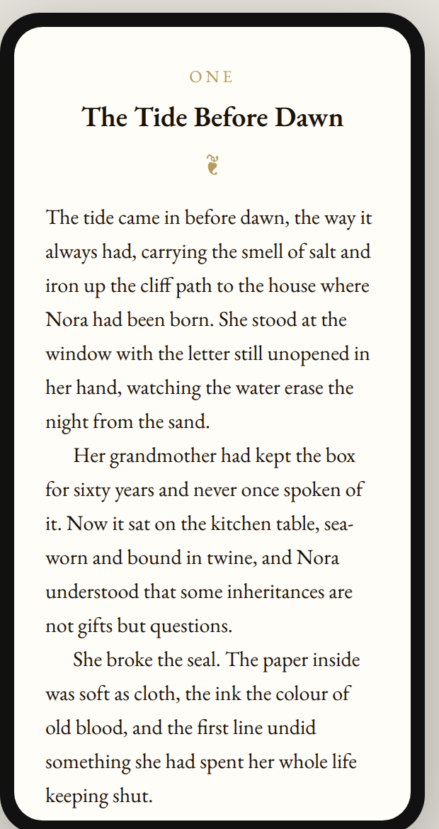 The same manuscript rendered inside a phone frame, showing how the book will look as an ebook