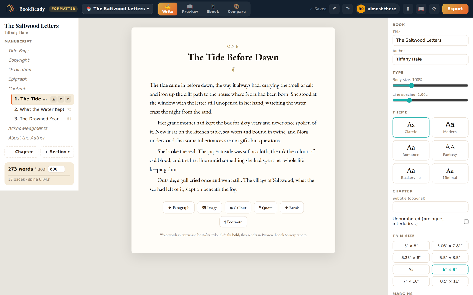 BookReady formatter studio showing a manuscript being edited on the left beside a live theme and trim-size panel on the right