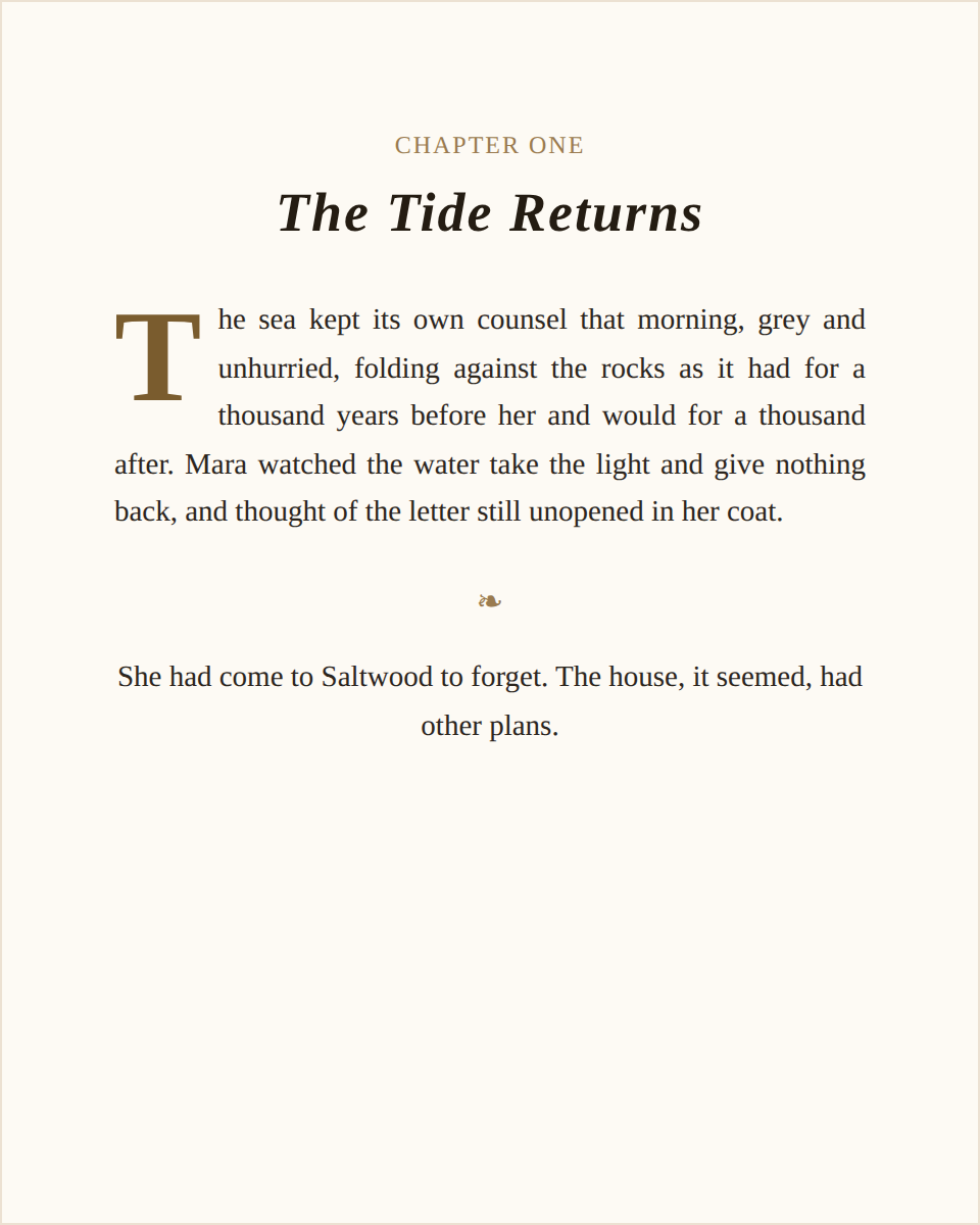 Chapter opener in the Romance theme, a warm serif layout with an inviting feel